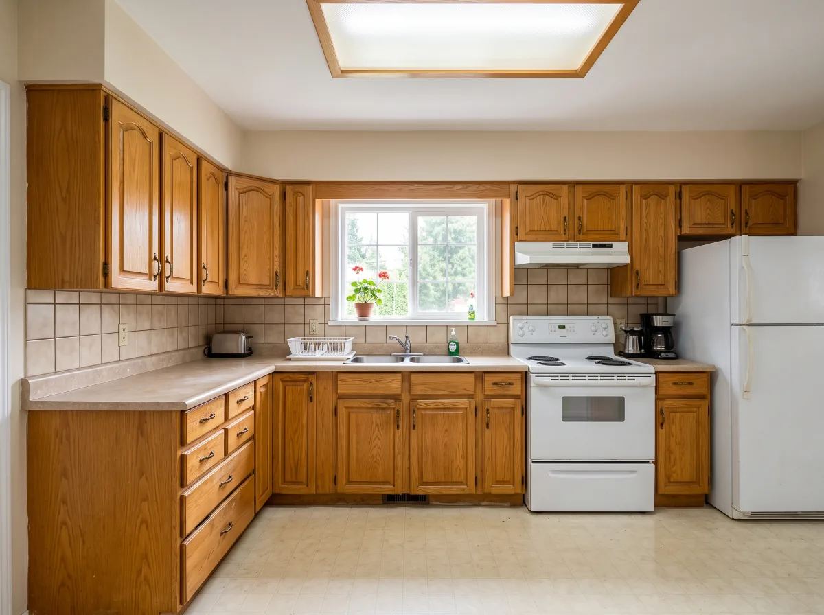 Dated oak kitchen with laminate counters before renovation
