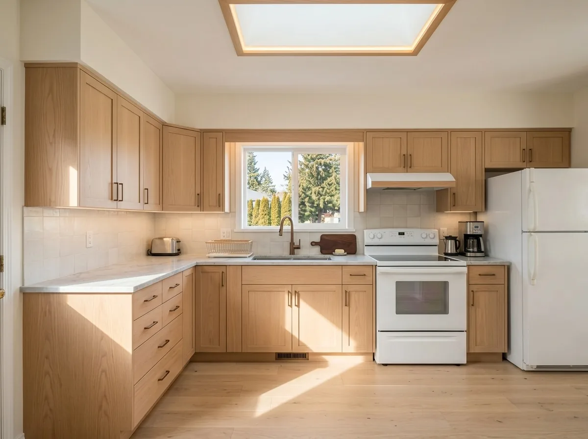 The same kitchen in West Coast modern: white oak cabinets, pale stone counters and afternoon sun across the floor